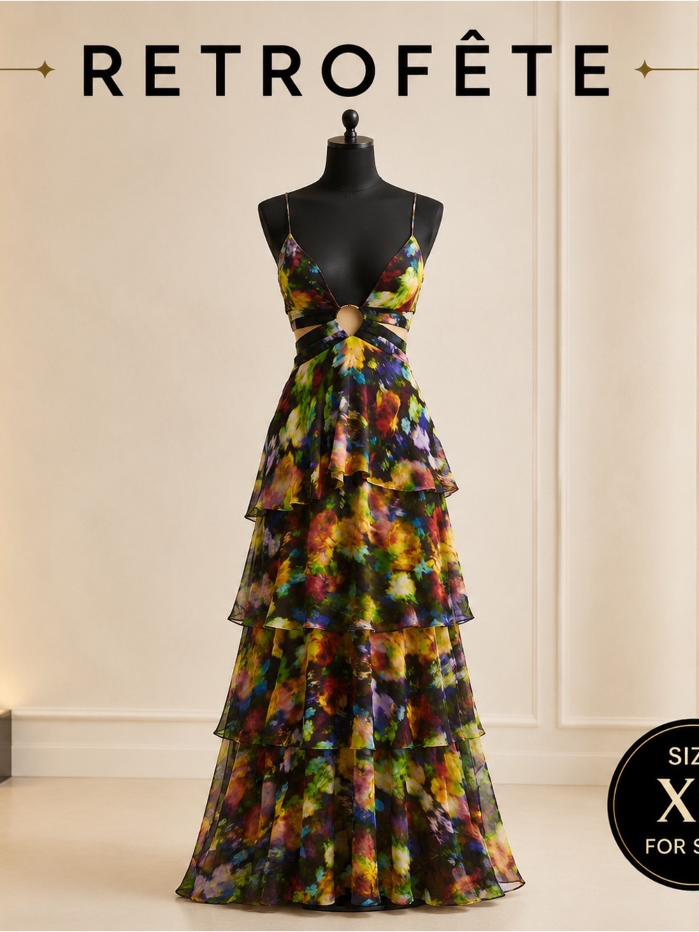 Retrofete Black Multicolor Floral Cutout Tiered Maxi